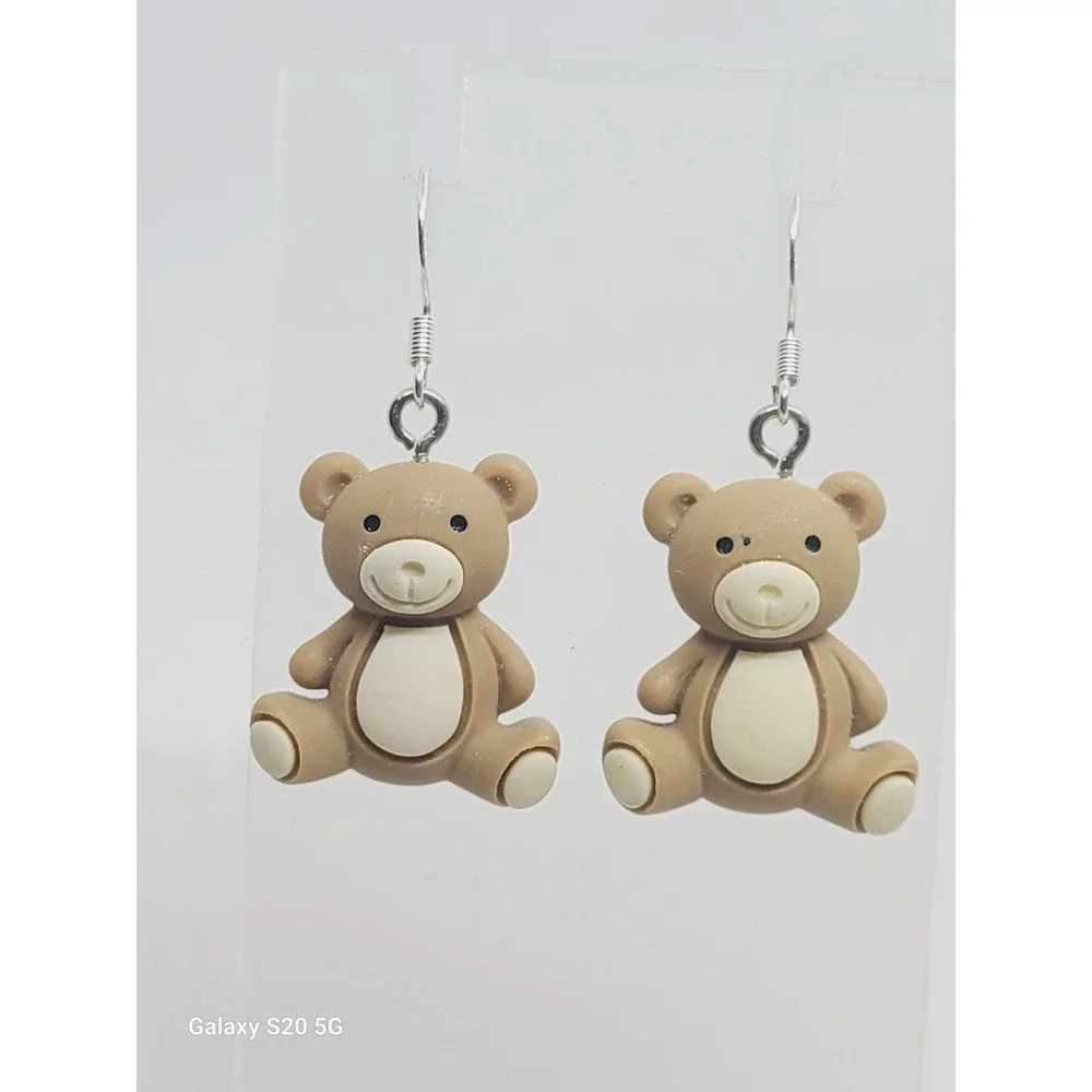 Handcrafted Tan‎ Bear Dangle Drop Earrings NEW 1.0